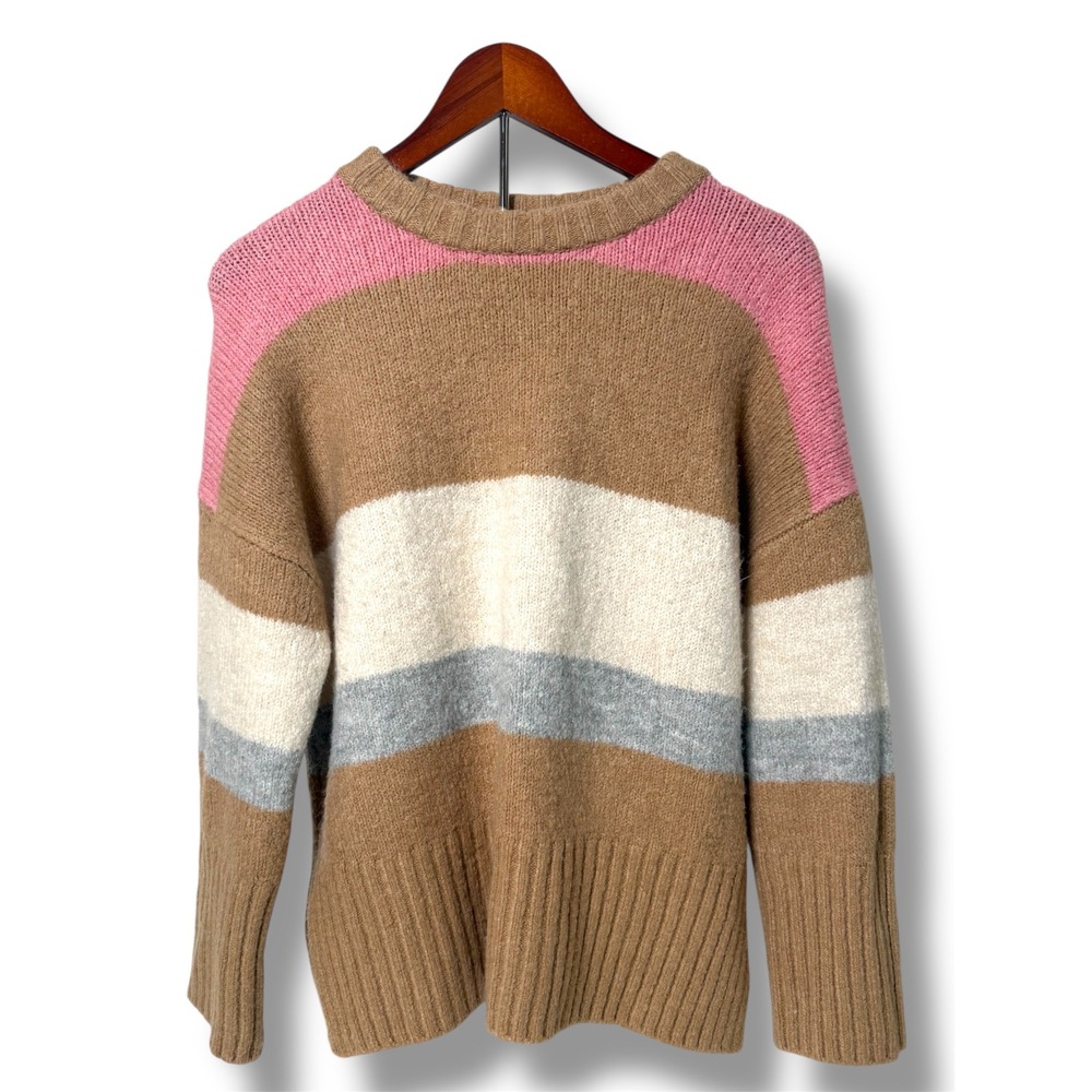 Topshop Sweater Fluffy Stripe Women's‎ Medium Colorblock Crew Neck Pink